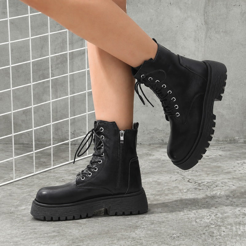 Women's Faux Leather Combat Boots Lace-Up Side-Zip Platform Lug-Sole Black