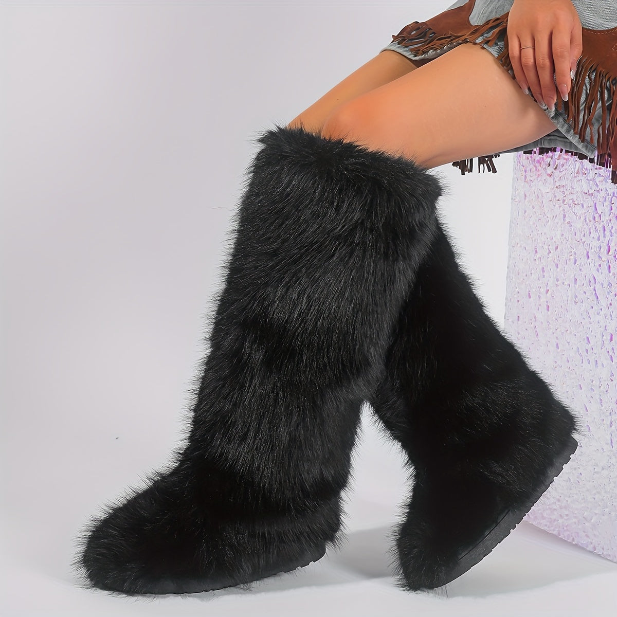 Women's Faux Fur Boots Knee-High Fluffy Tall Winter Warm Plush Slip-On