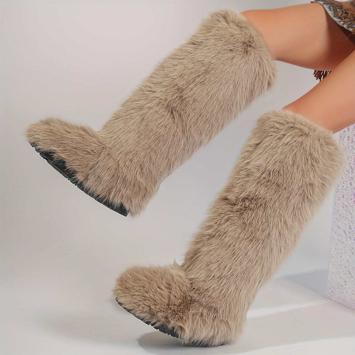 Women's Faux Fur Boots Knee-High Fluffy Tall Winter Warm Plush Slip-On