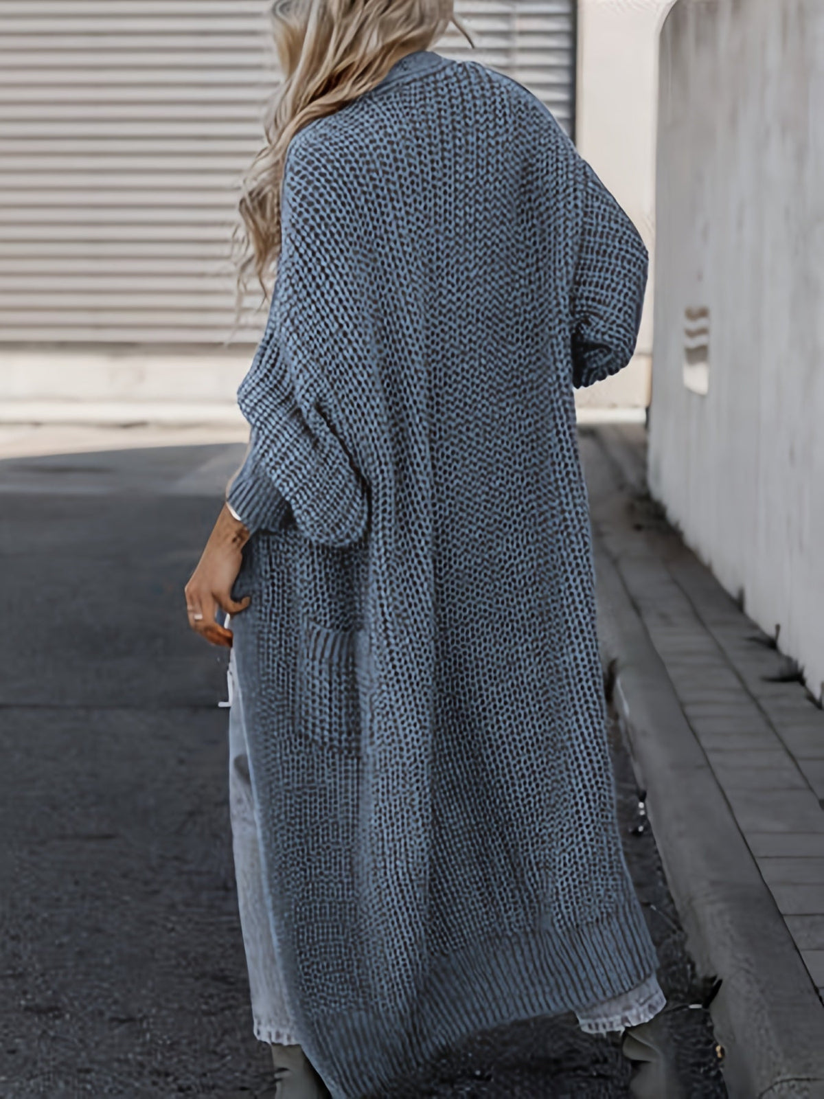 Women's Wool Knit Longline Cardigan Open-Front Chunky Patch-Pocket Maxi