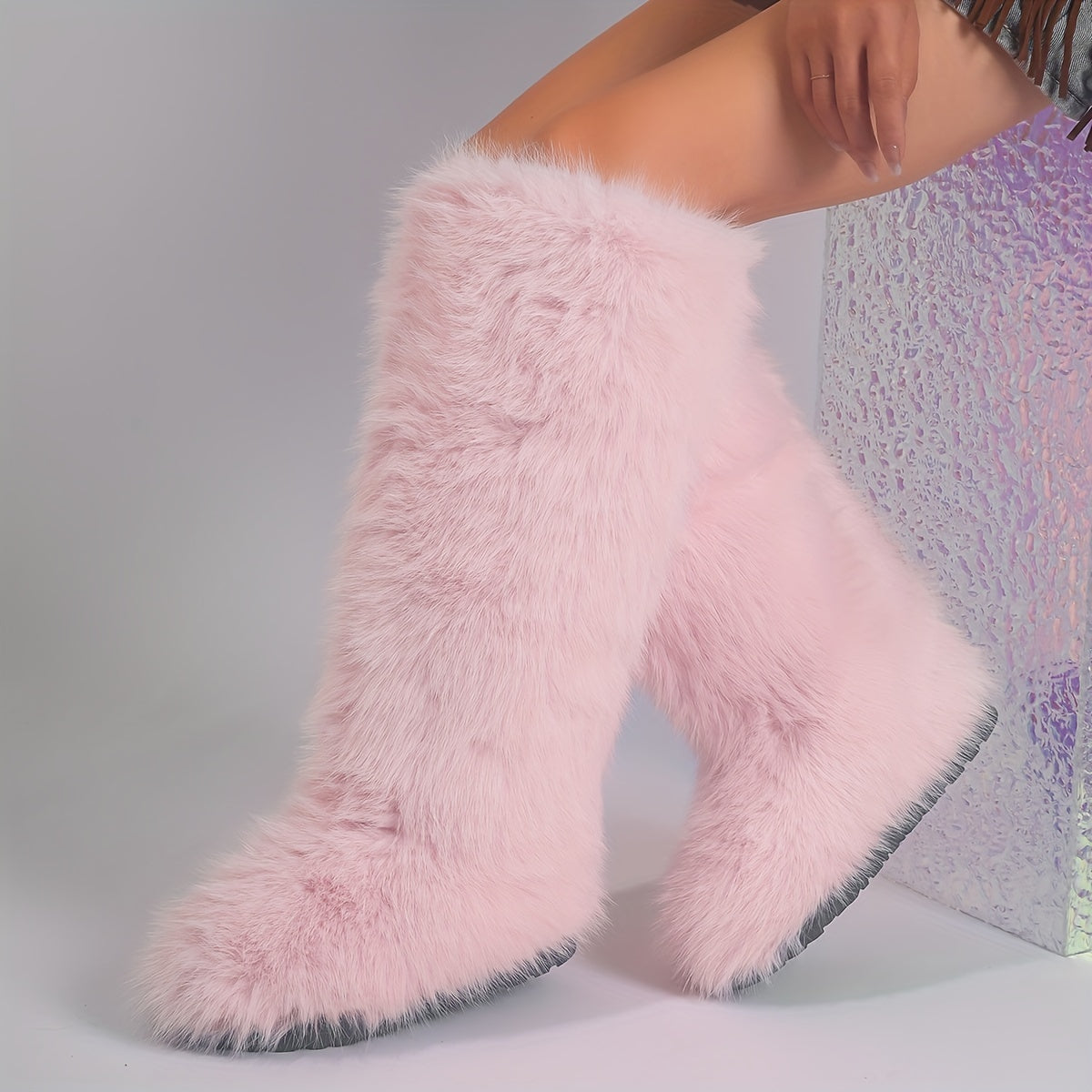 Women's Faux Fur Boots Knee-High Fluffy Tall Winter Warm Plush Slip-On