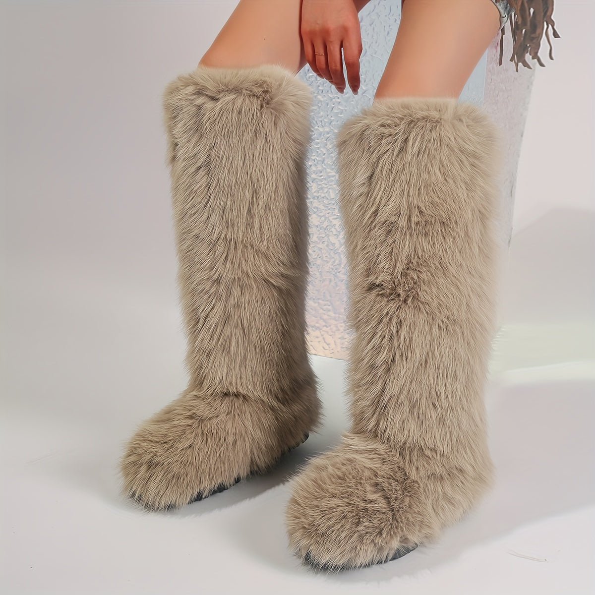 Women's Faux Fur Boots Knee-High Fluffy Tall Winter Warm Plush Slip-On