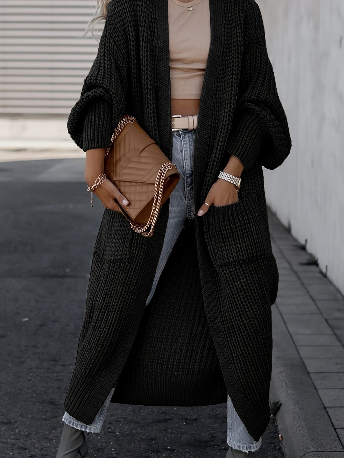 Women's Wool Knit Longline Cardigan Open-Front Chunky Patch-Pocket Maxi