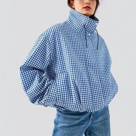 Women's Gingham Check Cropped Jacket Padded Stand Collar Zip-Up Oversized Warm