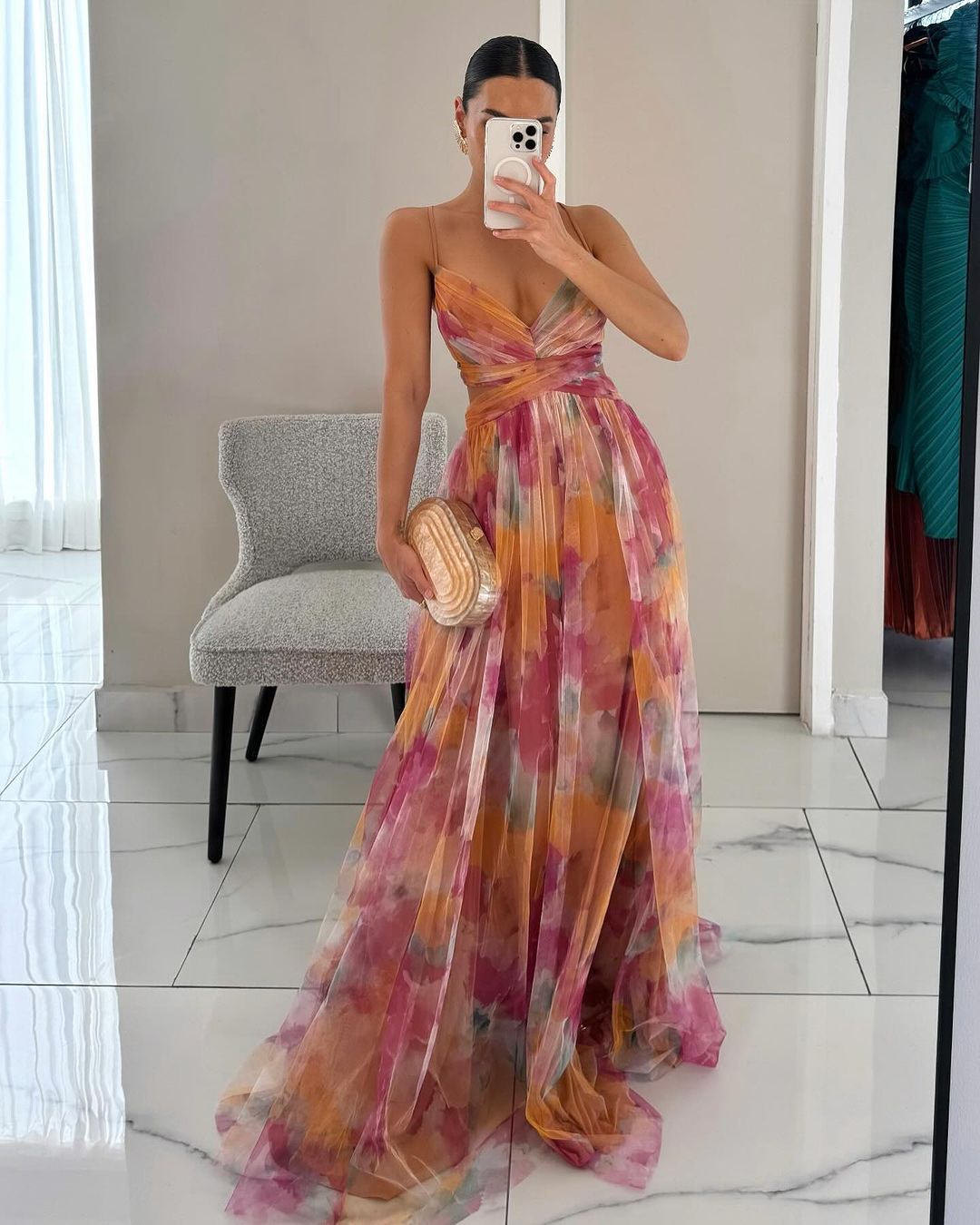 Women's Floral Tulle Maxi Dress V-Neck Spaghetti-Strap Flowy Elegant Summer