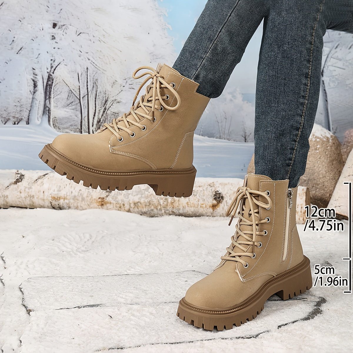 Women's Platform Combat Boots Lace-Up Side-Zip Lug-Sole Fleece-Lined Ankle