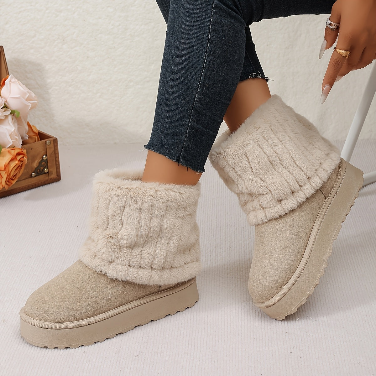 Women's Plush Cuff Snow Boots Platform Fold-Over Suede Winter Warm Slip-On