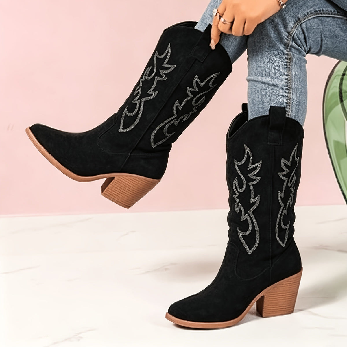 Women's Suede Western Boots Embroidered Block Heel Pointed-Toe Black