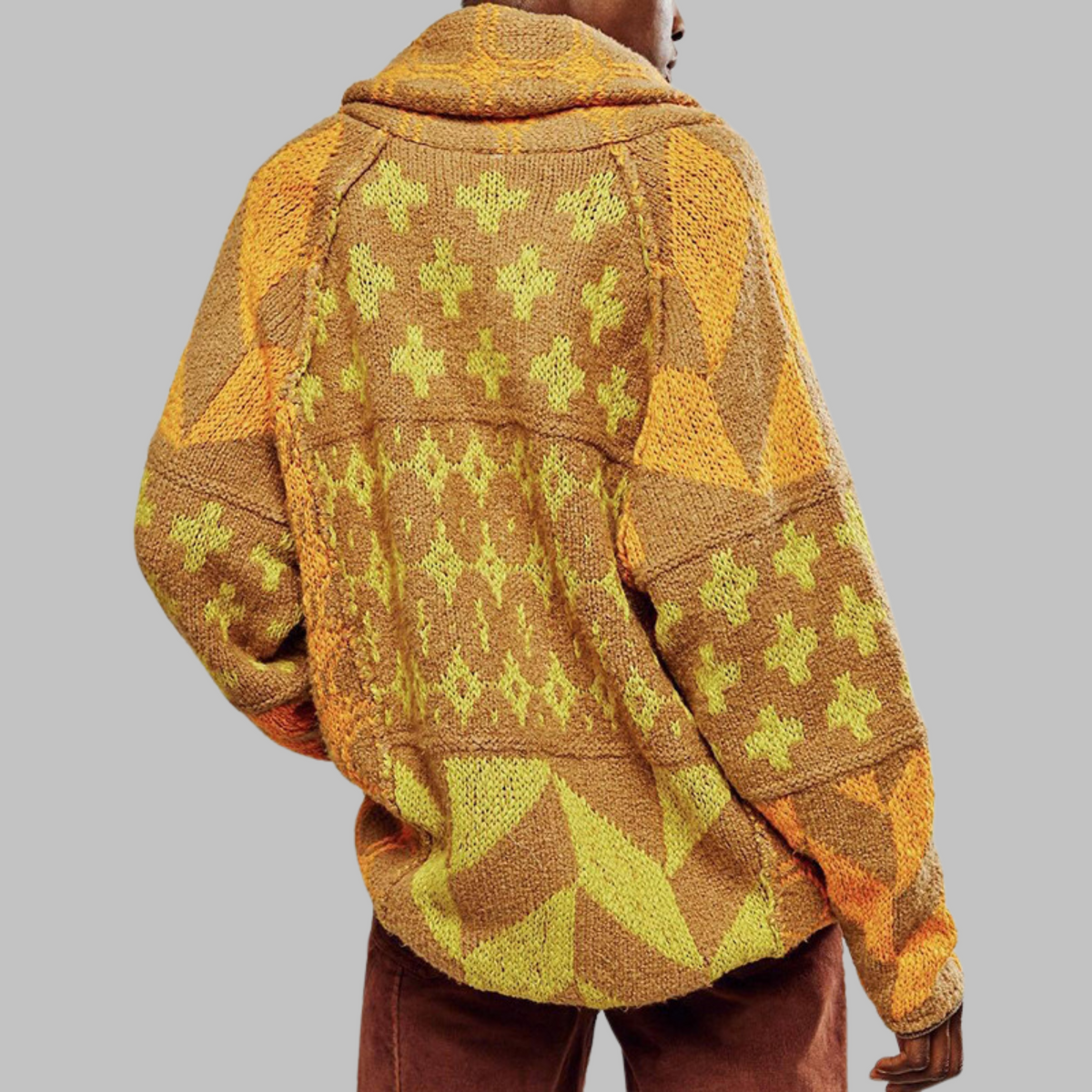 Women's Geometric Knit Cardigan Button-Front Oversized Aztec Drawstring Relaxed