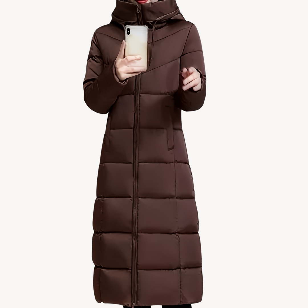 Women's Long Hooded Puffer Coat Drawstring Full-Zip Maxi Fitted