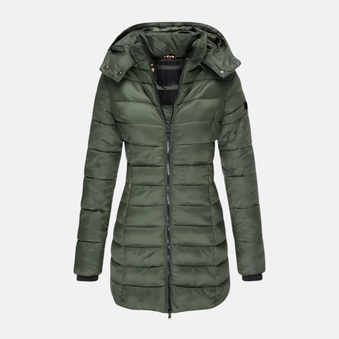 Women's Slim Hooded Puffer Coat Mid-Length Quilted Full-Zip Fitted