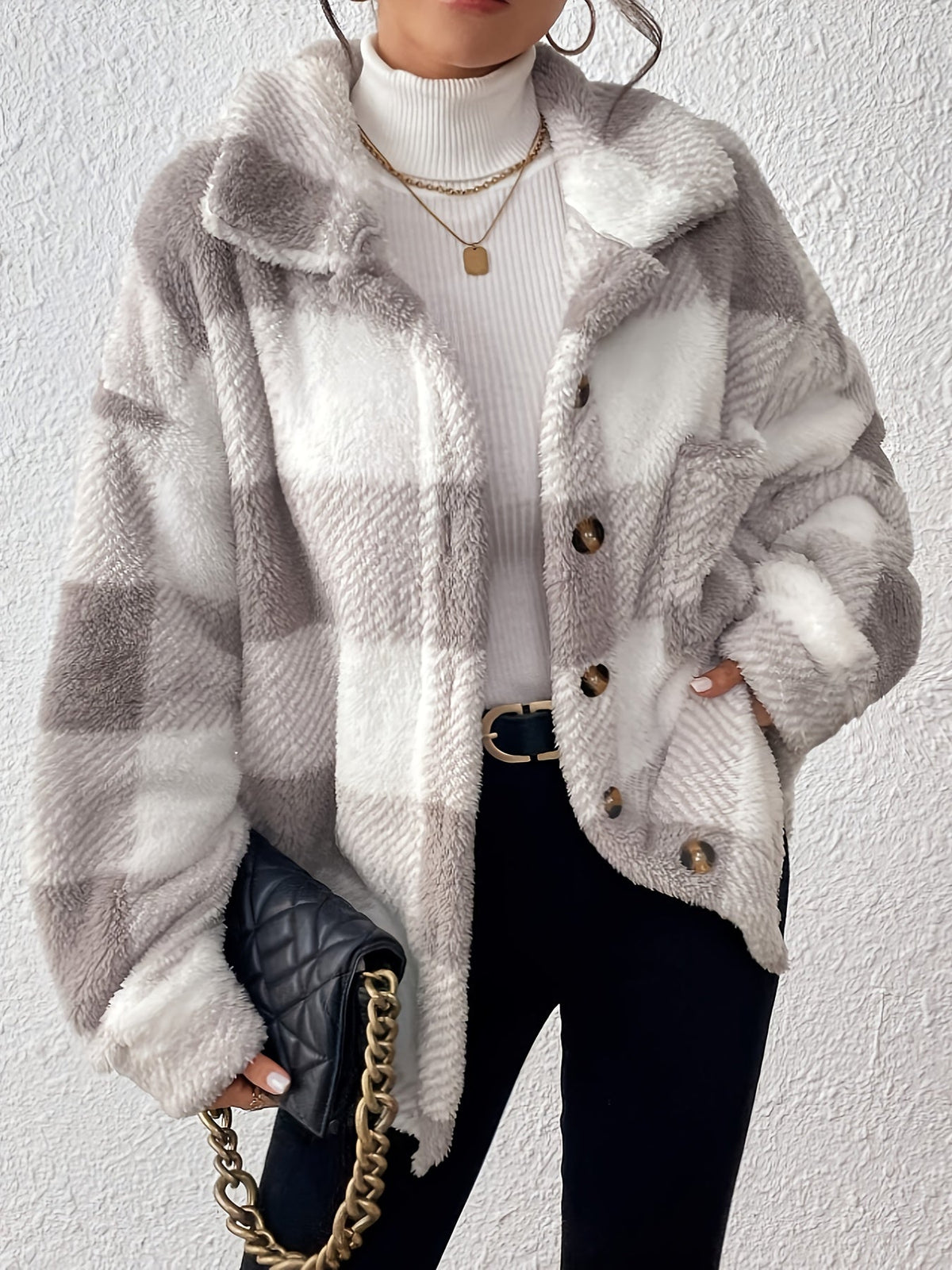 Women's Plaid Plush Shacket Button-Front Collared Teddy Fleece Oversized Warm