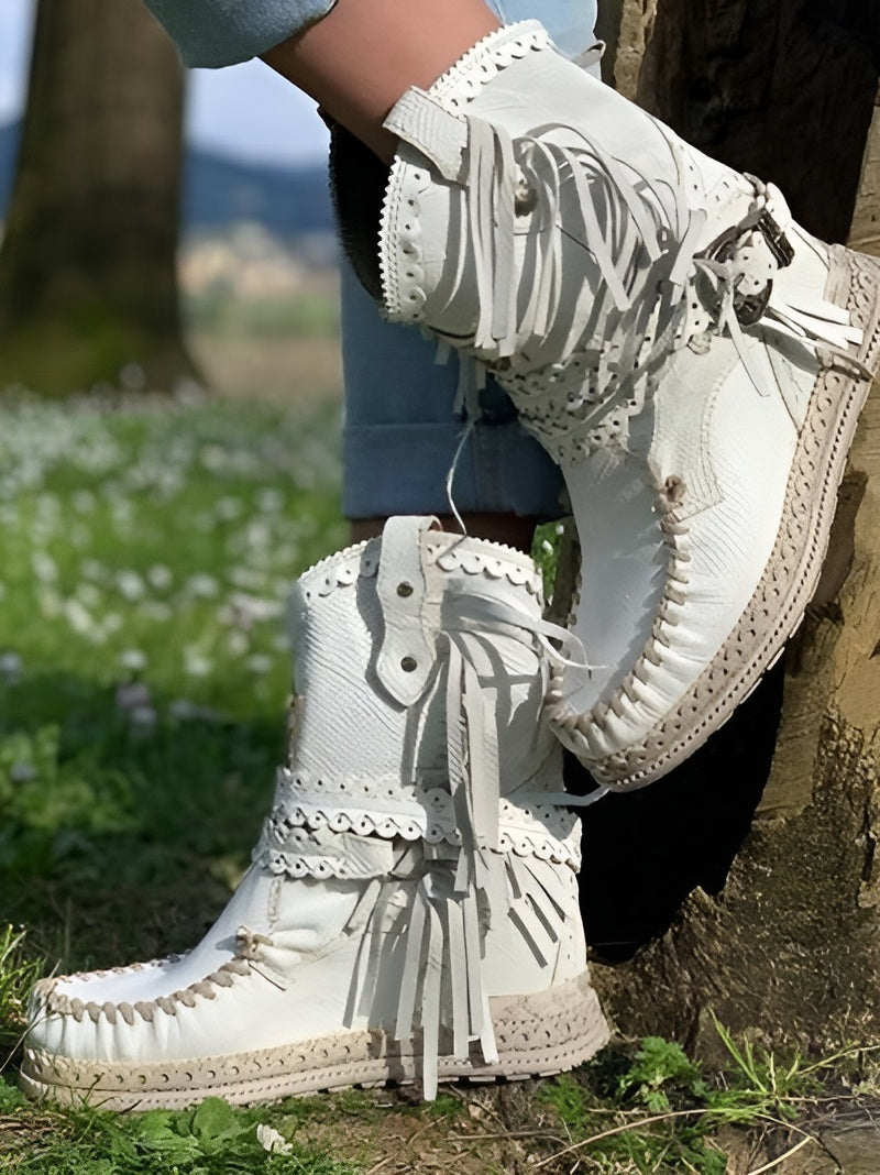 Women's Boho Fringe Ankle Boots Western Whipstitch Tassel Wedge Studded