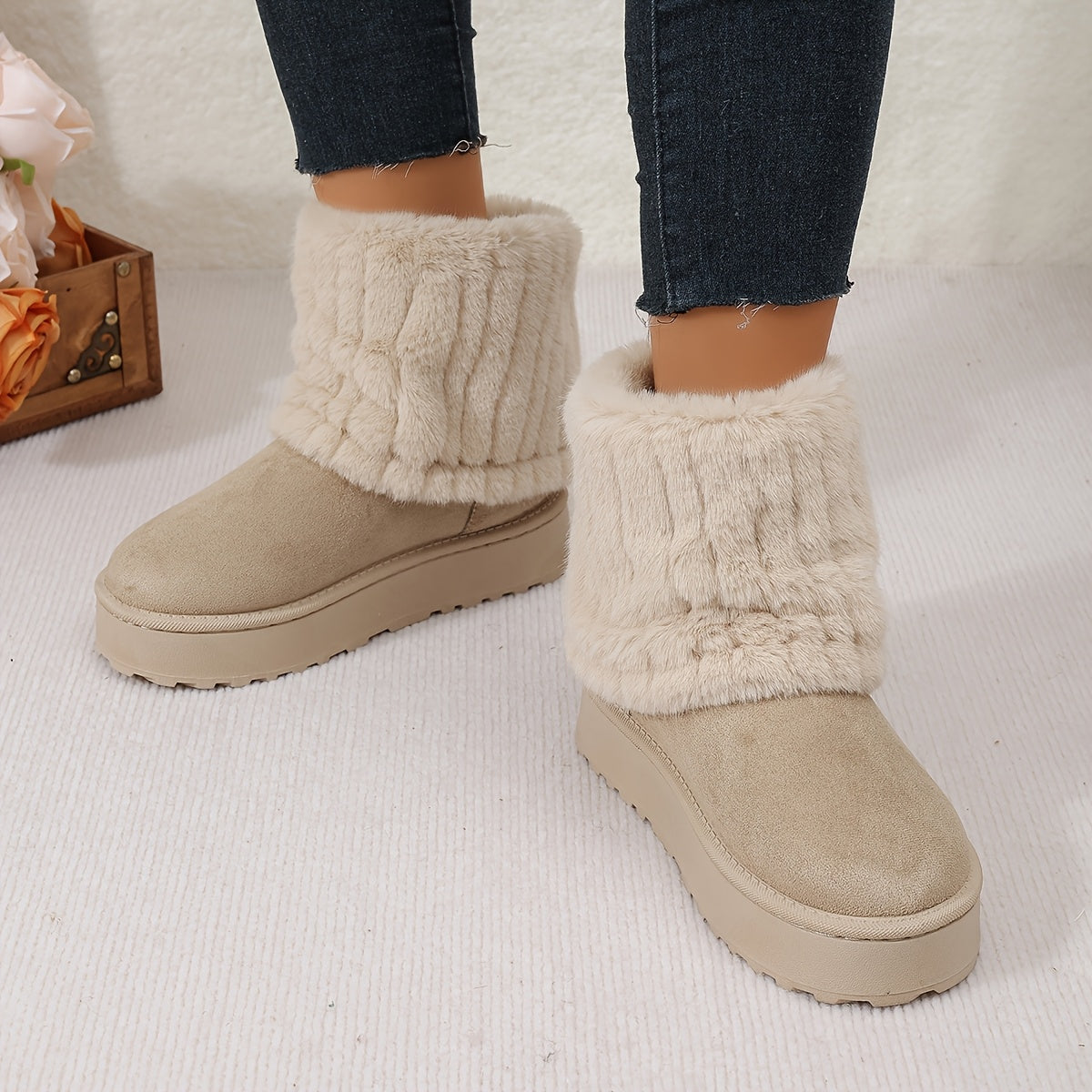 Women's Plush Cuff Snow Boots Platform Fold-Over Suede Winter Warm Slip-On