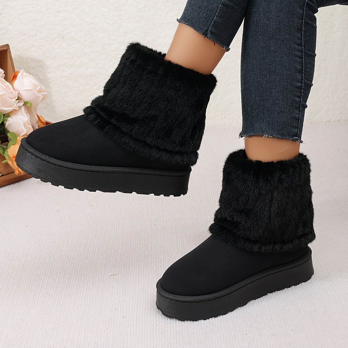 Women's Plush Cuff Snow Boots Platform Fold-Over Suede Winter Warm Slip-On