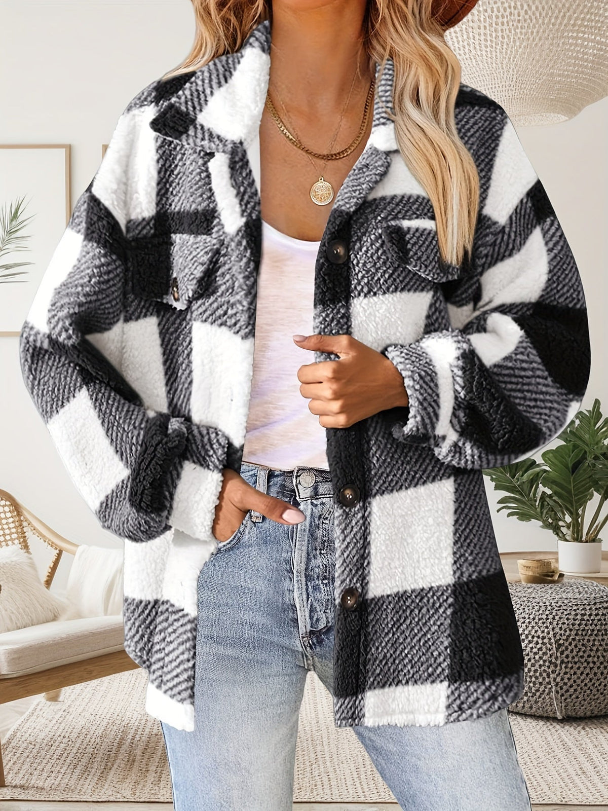 Women's Plaid Plush Shacket Button-Front Collared Teddy Fleece Relaxed Warm