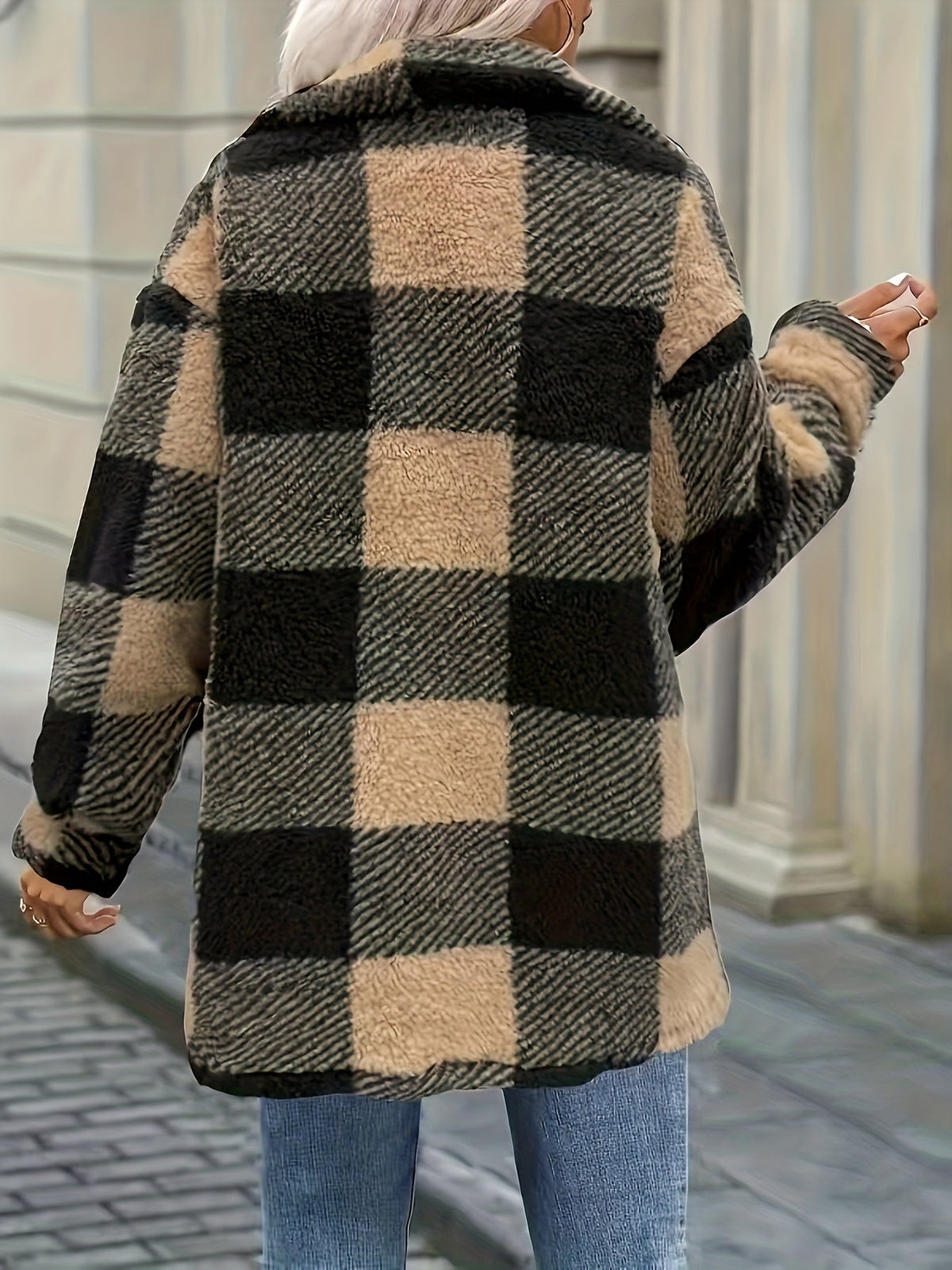 Women's Buffalo Plaid Plush Shacket Button-Front Drop-Shoulder Teddy Oversized Warm