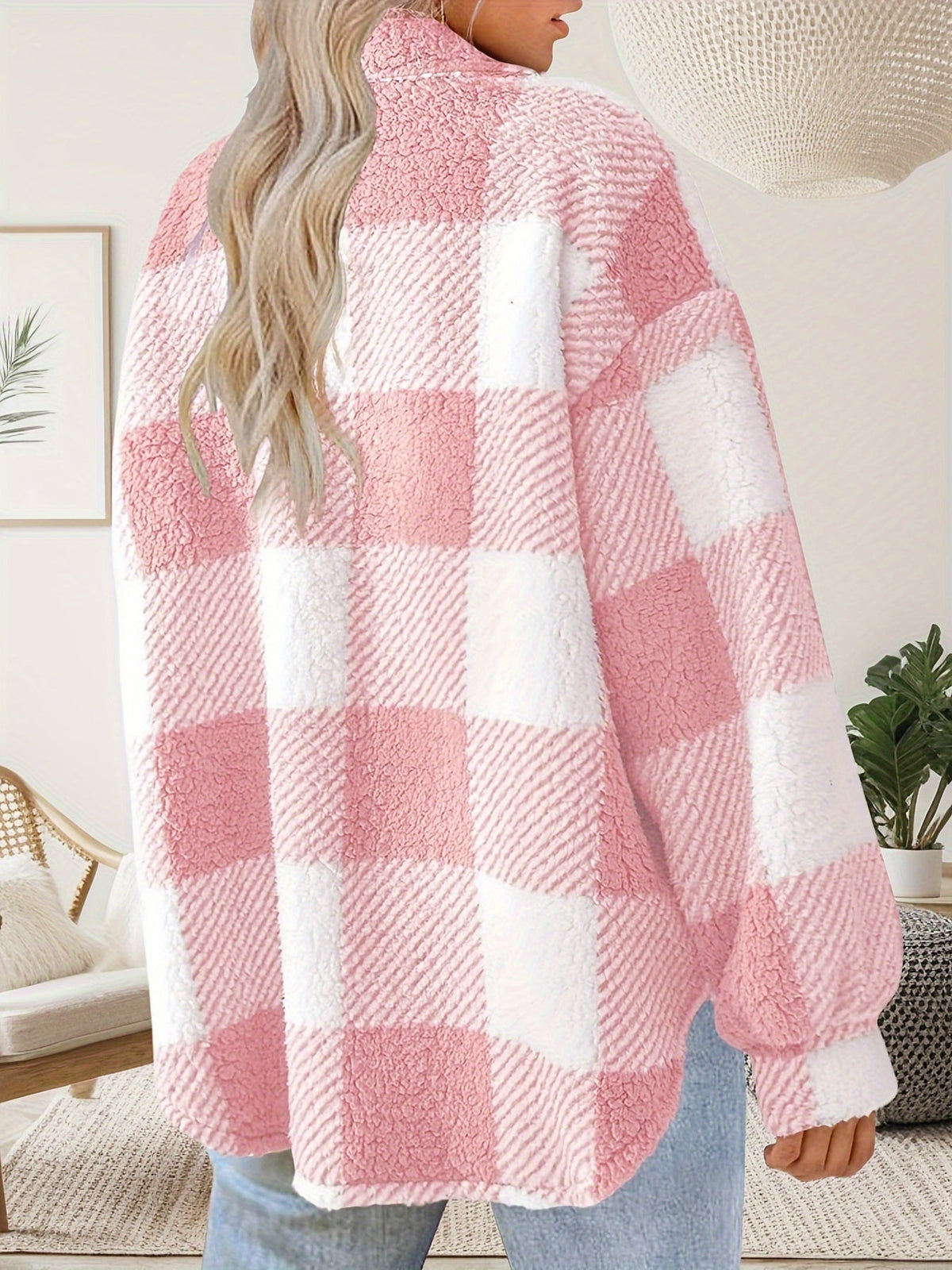 Women's Plaid Plush Shacket Button-Front Collared Teddy Fleece Relaxed Warm