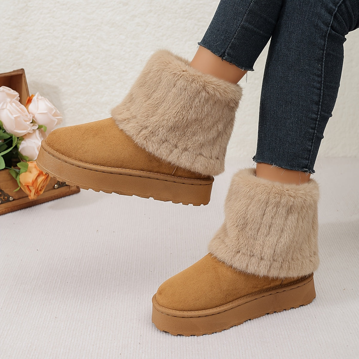 Women's Plush Cuff Snow Boots Platform Fold-Over Suede Winter Warm Slip-On