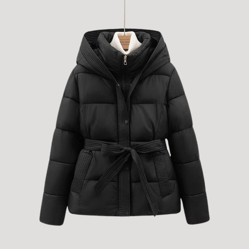 Women's Belted Hooded Puffer Jacket Stand Collar Slim Warm Winter