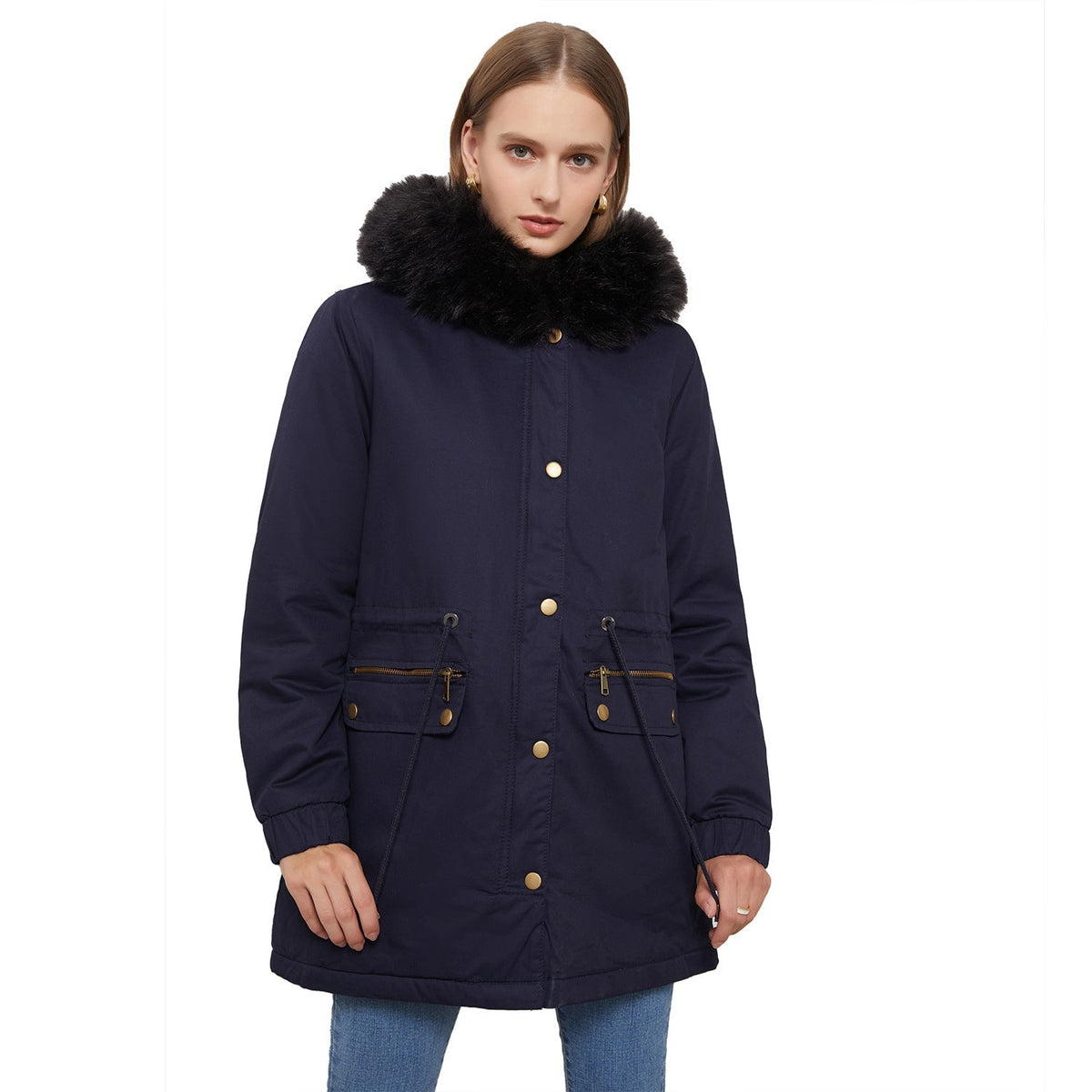 Women's Fleece-Lined Hooded Parka Faux-Fur Trim Drawstring Zip-Up Warm