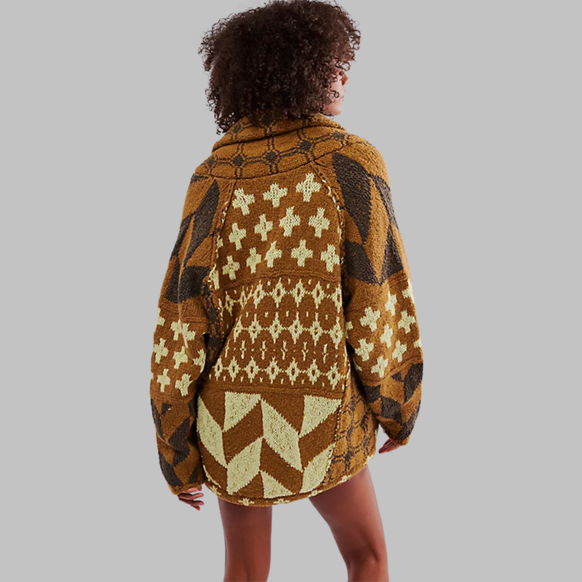 Women's Geometric Knit Cardigan Button-Front Oversized Aztec Drawstring Relaxed