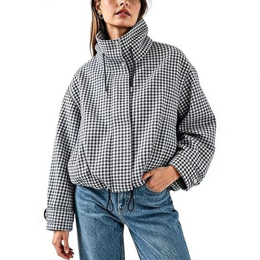 Women's Gingham Check Cropped Jacket Padded Stand Collar Zip-Up Oversized Warm