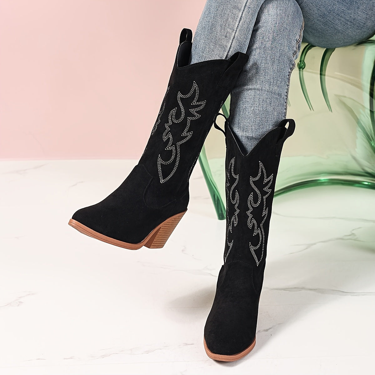 Women's Suede Western Boots Embroidered Block Heel Pointed-Toe Black