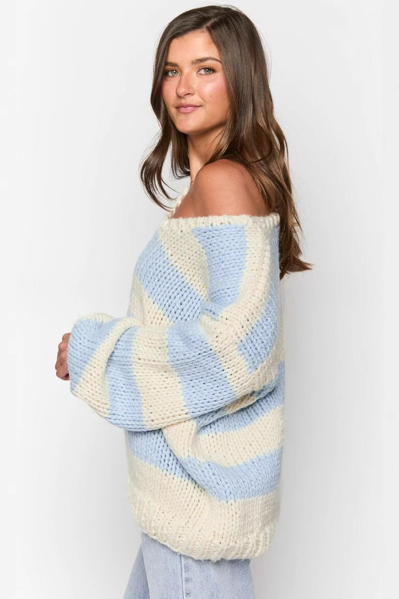 Women's Striped Chunky Knit Sweater Off-Shoulder Oversized Hand-Knit Relaxed