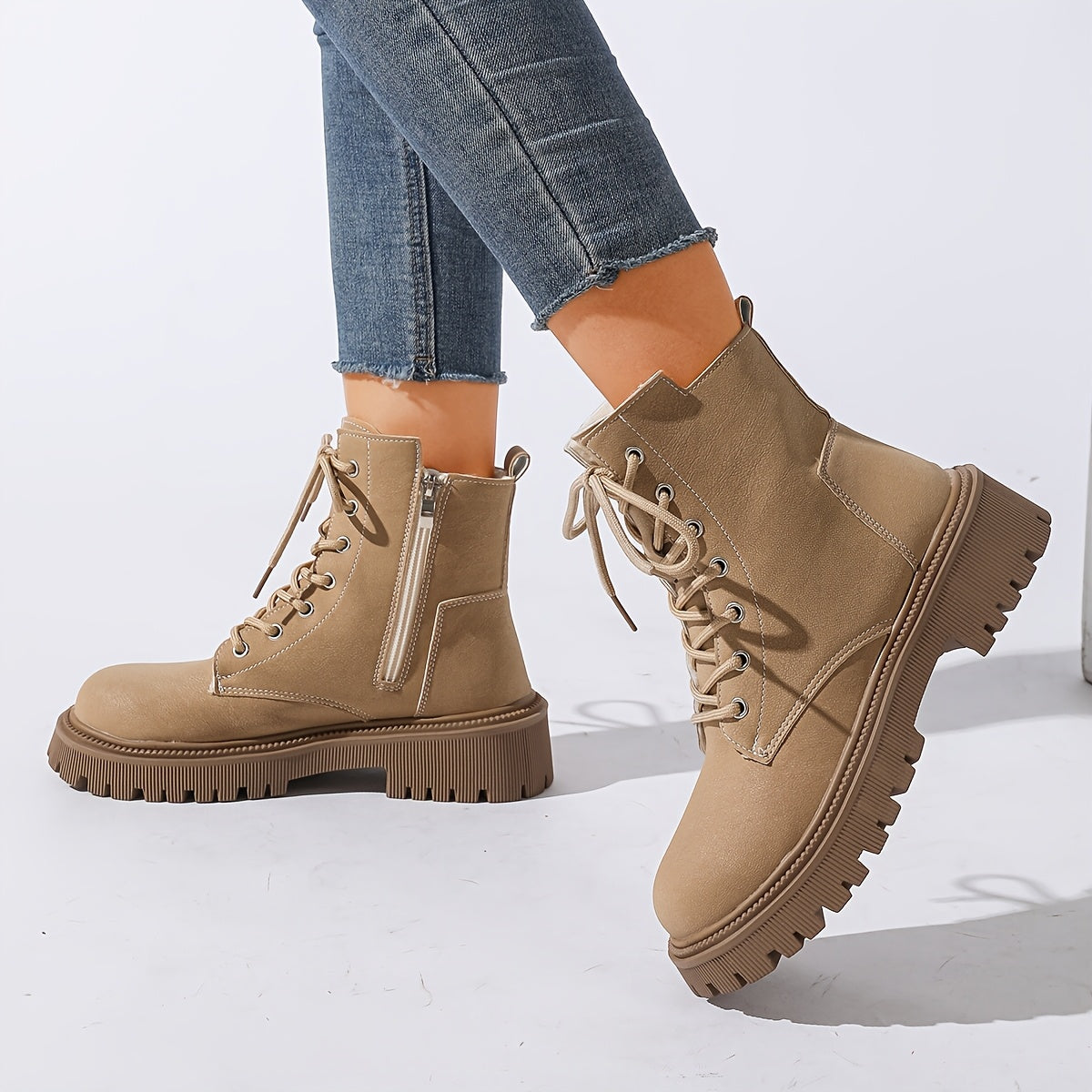 Women's Platform Combat Boots Lace-Up Side-Zip Lug-Sole Fleece-Lined Ankle