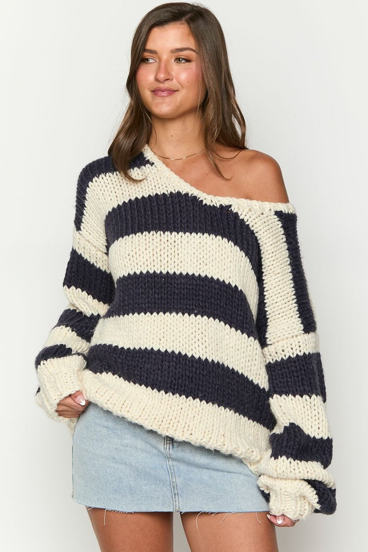 Women's Striped Chunky Knit Sweater Off-Shoulder Oversized Hand-Knit Relaxed