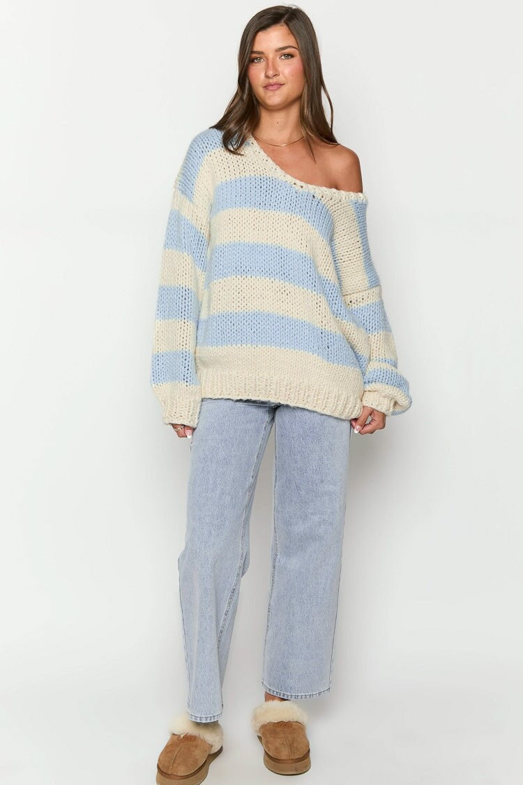 Women's Striped Chunky Knit Sweater Off-Shoulder Oversized Hand-Knit Relaxed