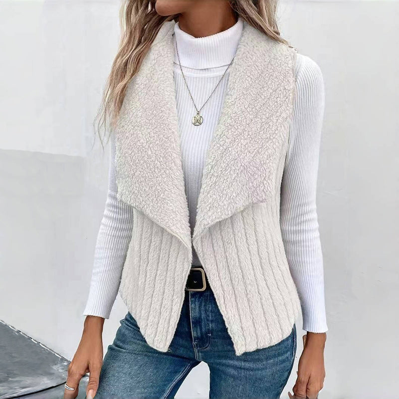 Women's Sherpa Fleece Vest Lapel Collar Sleeveless Open-Front Ribbed Cozy