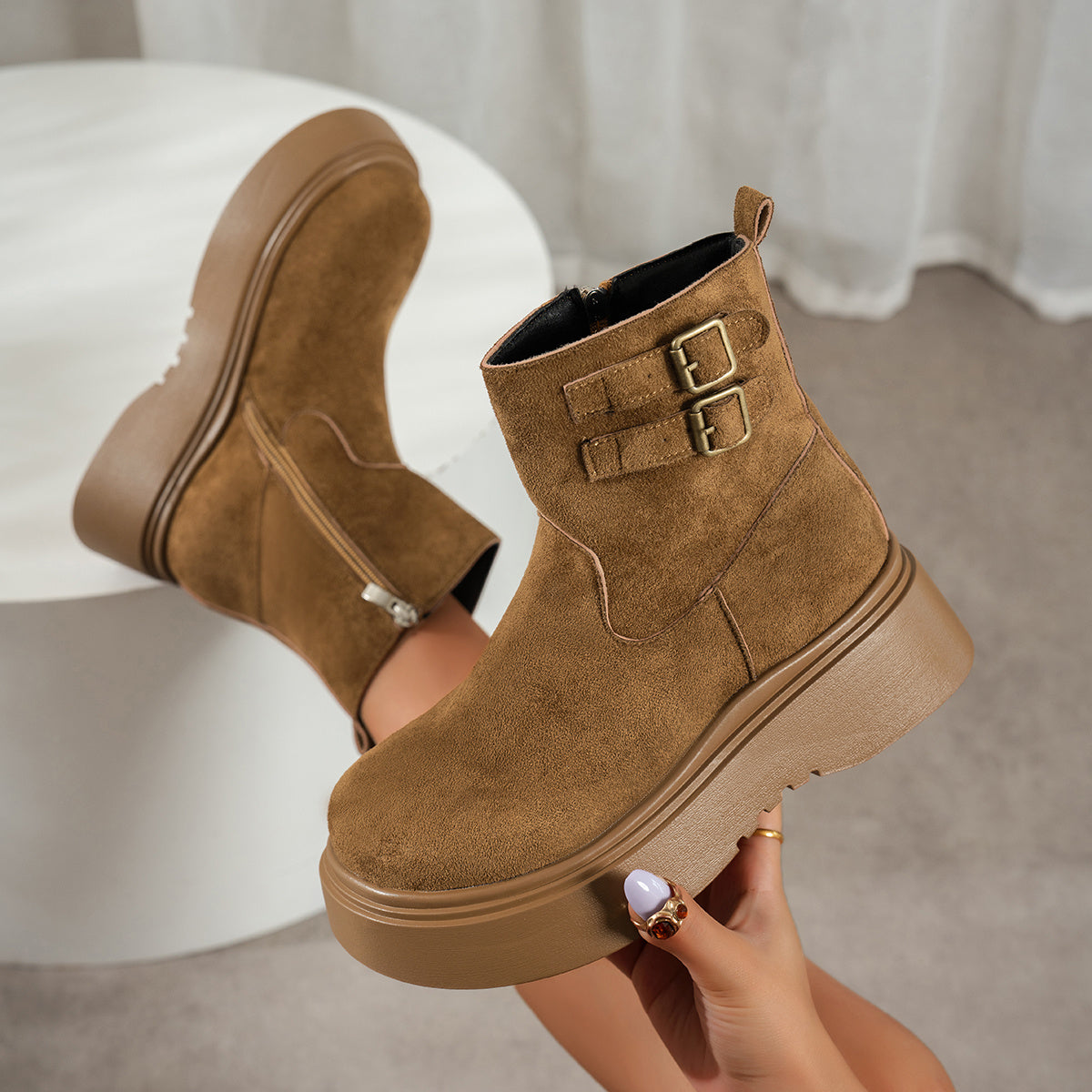 Women's Suede Ankle Boots Double Buckle Side-Zip Platform Lug-Sole Round-Toe