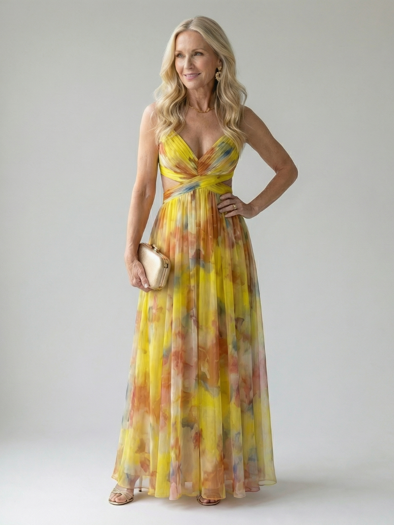 Women's Floral Chiffon Maxi Dress V-Neck Wrap Tulle Flowy Elegant