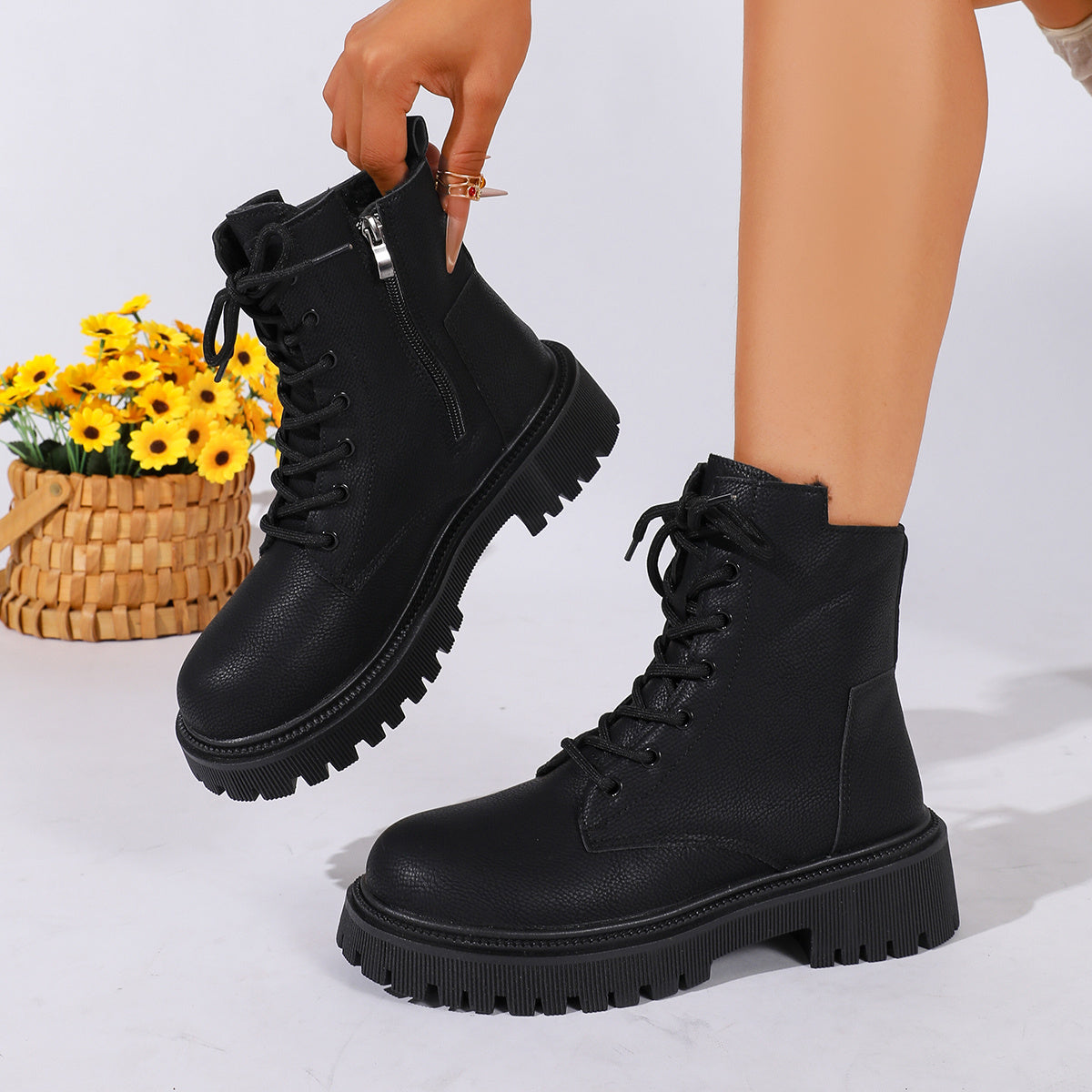Women's Platform Combat Boots Lace-Up Side-Zip Lug-Sole Fleece-Lined Ankle