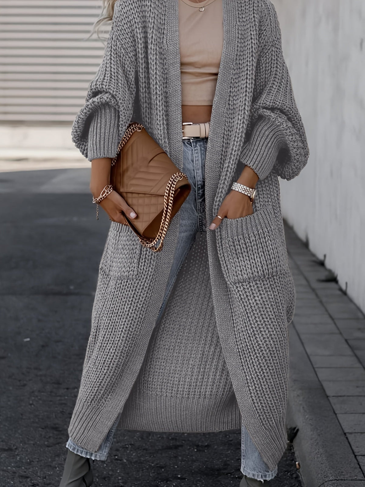 Women's Wool Knit Longline Cardigan Open-Front Chunky Patch-Pocket Maxi