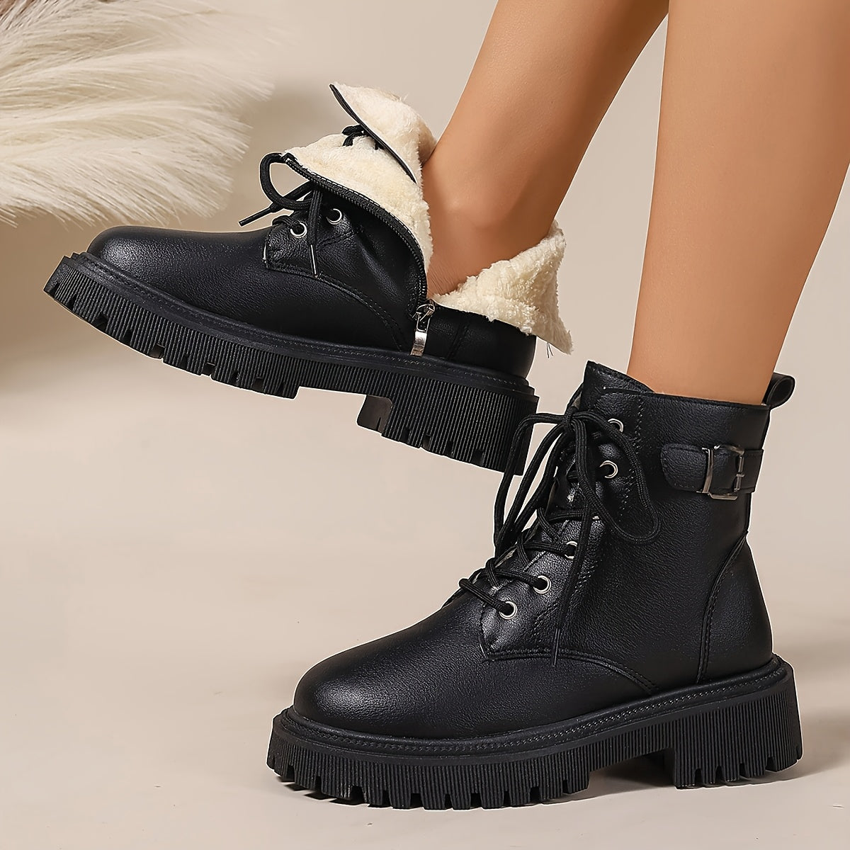 Women's Combat Boots Lace-Up Side-Zip Platform Fur-Lined Ankle Black