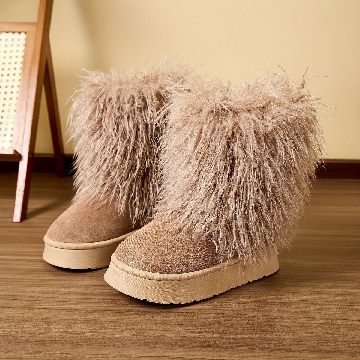 Women's Shaggy Faux Fur Boots Mid-Calf Platform Winter Warm Plush Slip-On