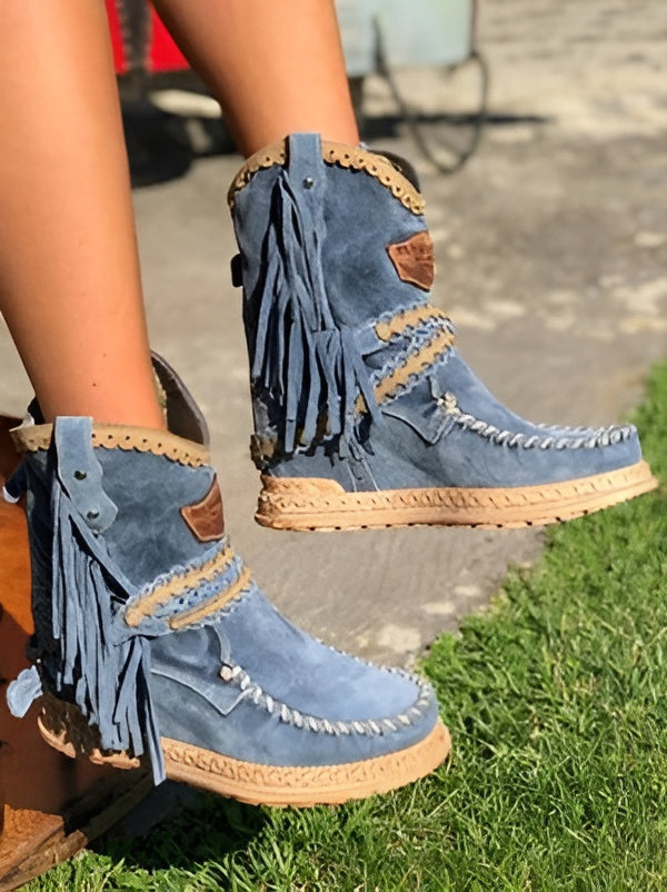 Women's Boho Fringe Ankle Boots Western Whipstitch Tassel Wedge Studded