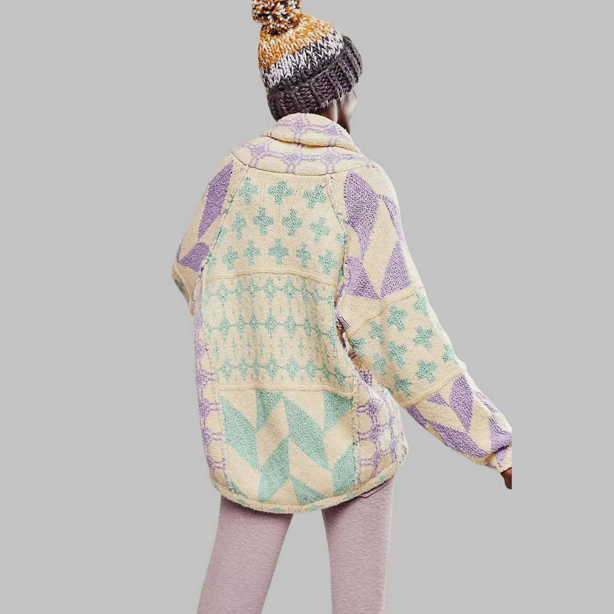 Women's Geometric Knit Cardigan Button-Front Oversized Aztec Drawstring Relaxed