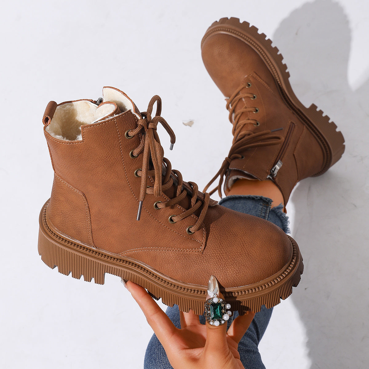 Women's Platform Combat Boots Lace-Up Side-Zip Lug-Sole Fleece-Lined Ankle