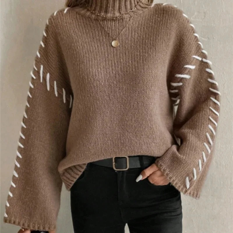 Women's Turtleneck Knit Sweater Contrast Whipstitch Sleeve Relaxed Drop-Shoulder