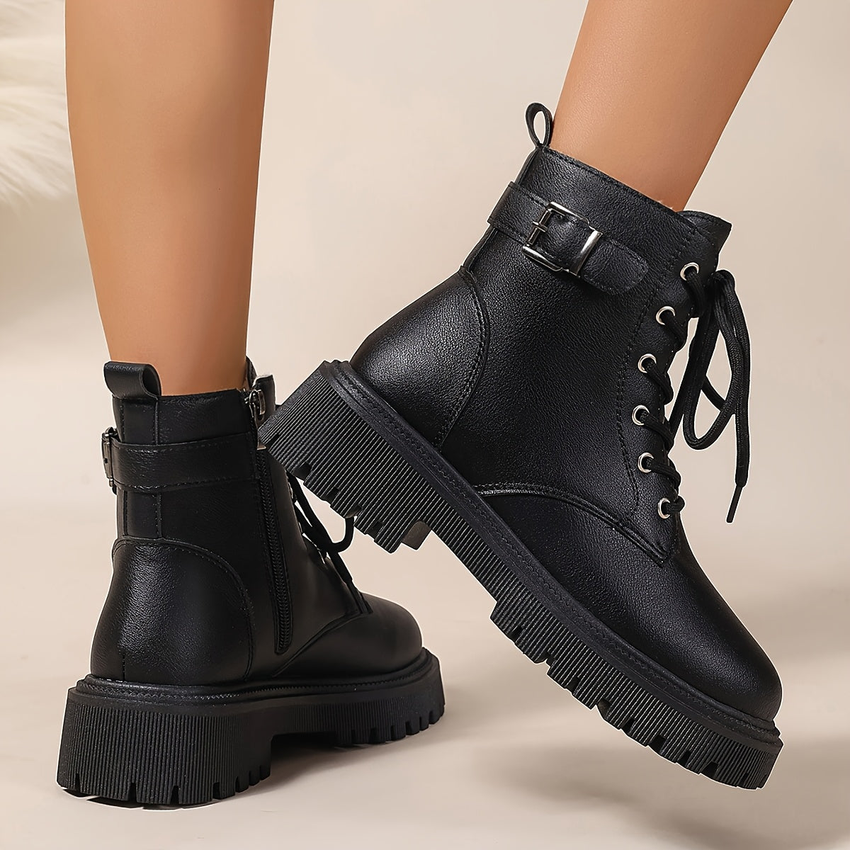 Women's Combat Boots Lace-Up Side-Zip Platform Fur-Lined Ankle Black