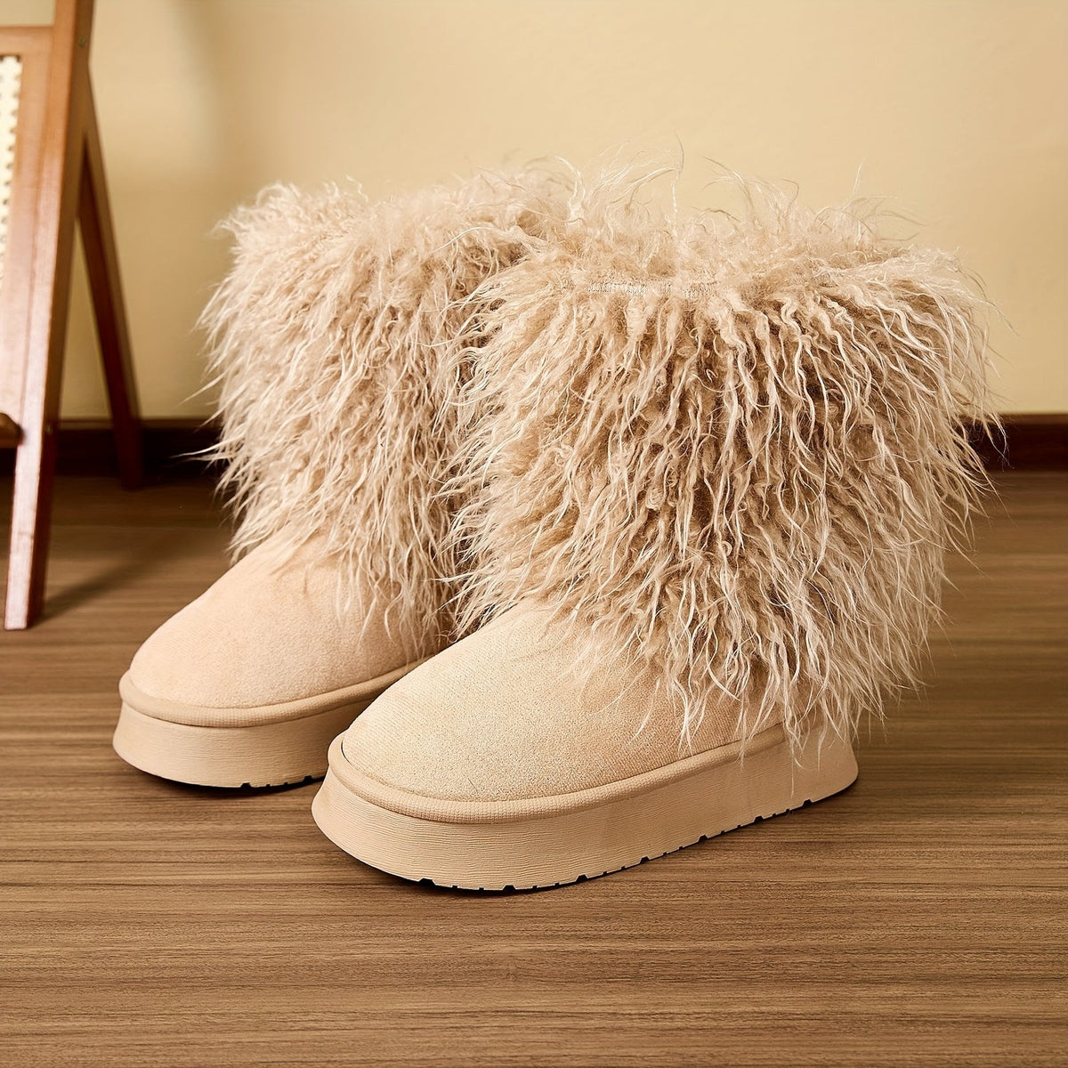 Women's Shaggy Faux Fur Boots Mid-Calf Platform Winter Warm Plush Slip-On