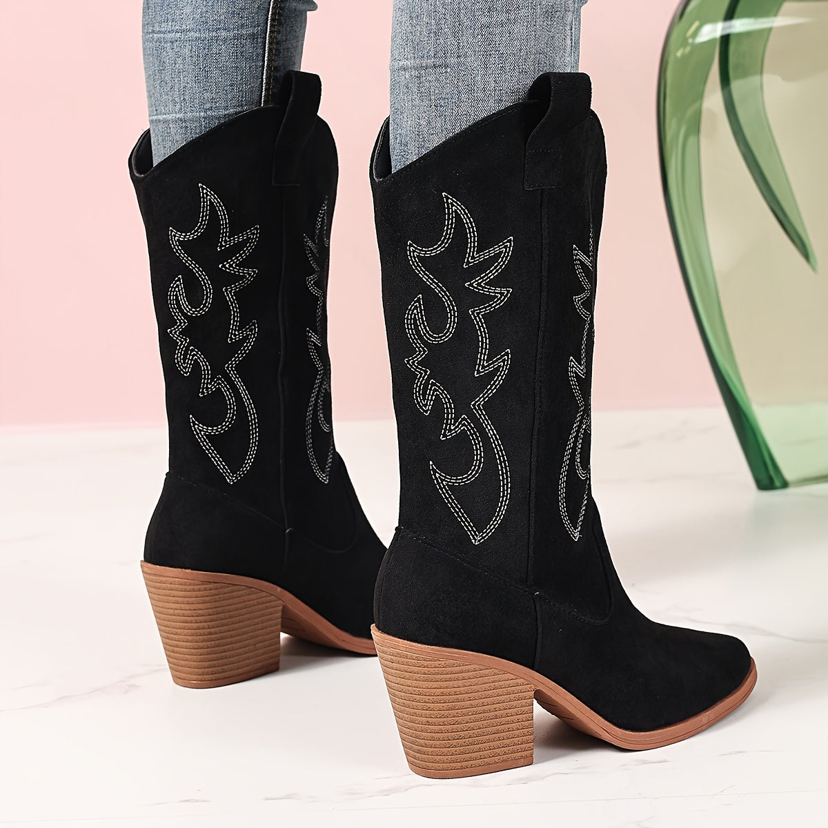 Women's Suede Western Boots Embroidered Block Heel Pointed-Toe Black