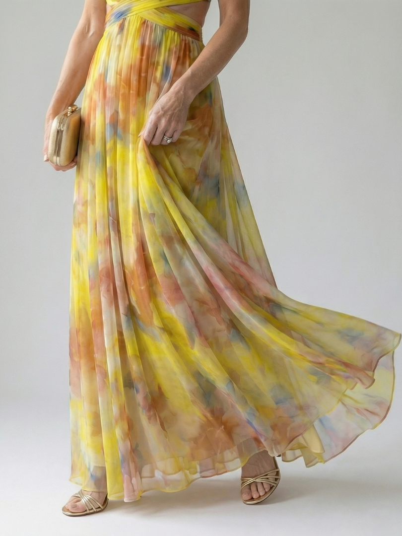 Women's Floral Chiffon Maxi Dress V-Neck Wrap Tulle Flowy Elegant