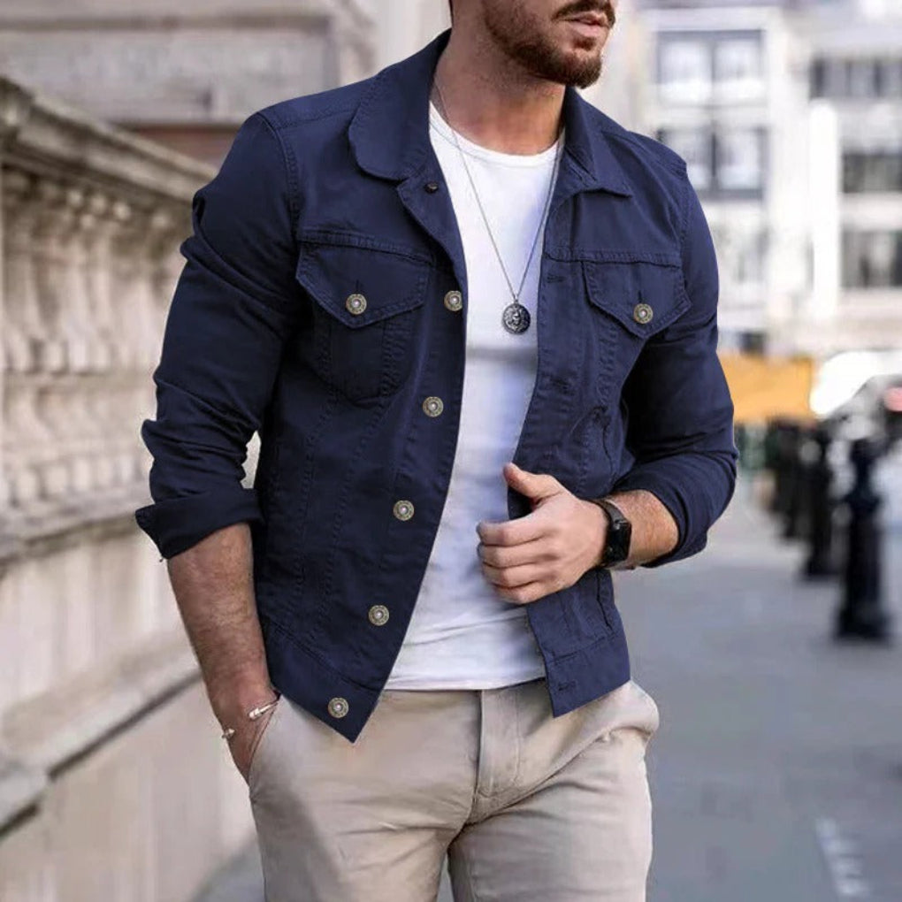 Men's Denim Trucker Jacket Button Front Chest Pocket Classic Collar Regular Fit