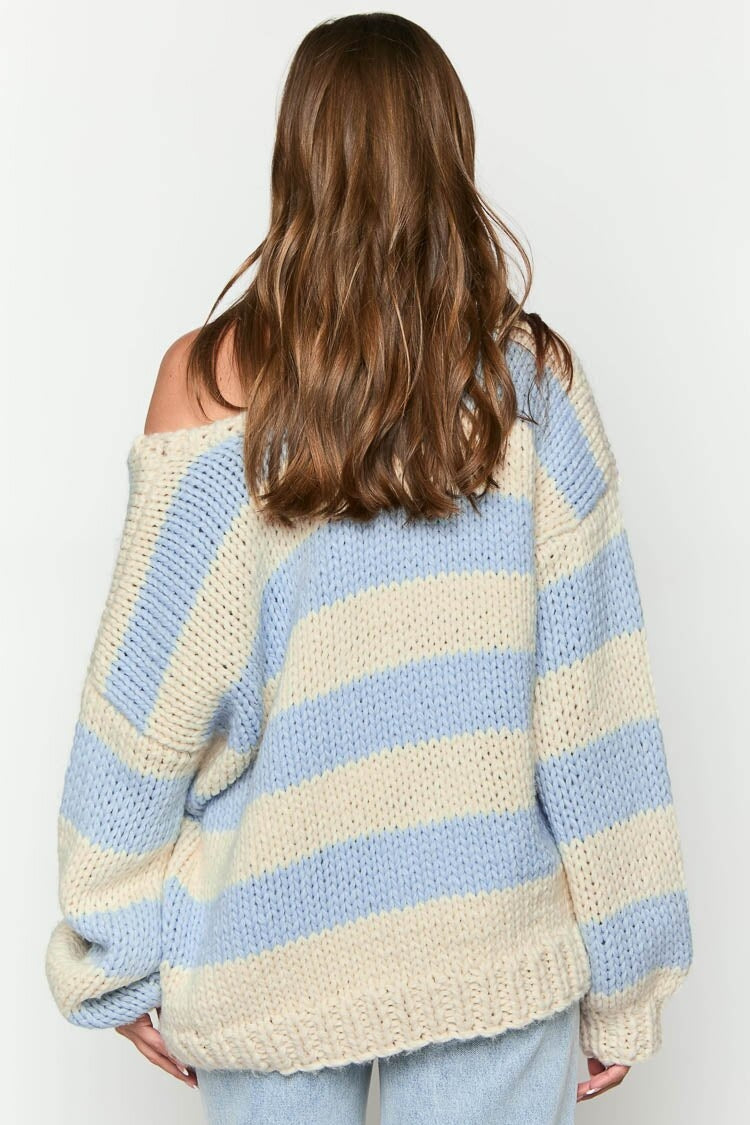 Women's Striped Chunky Knit Sweater Off-Shoulder Oversized Hand-Knit Relaxed