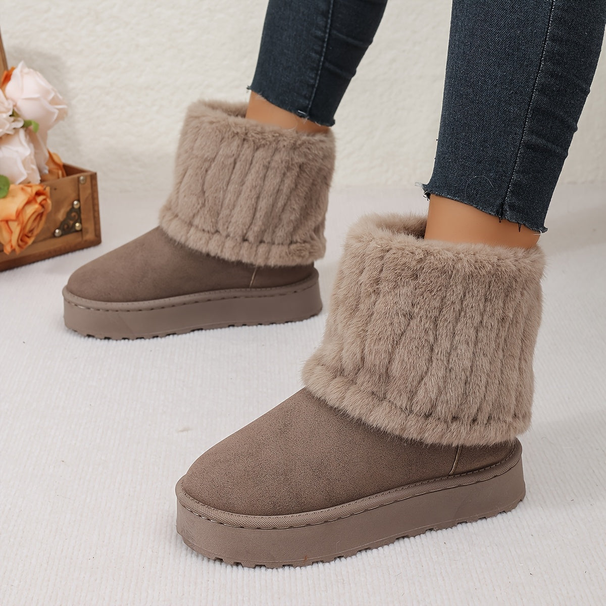Women's Plush Cuff Snow Boots Platform Fold-Over Suede Winter Warm Slip-On